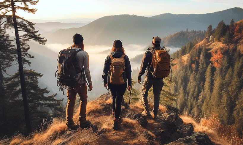 Tres personas en una ruta de senderismo en la cima de la montaña
