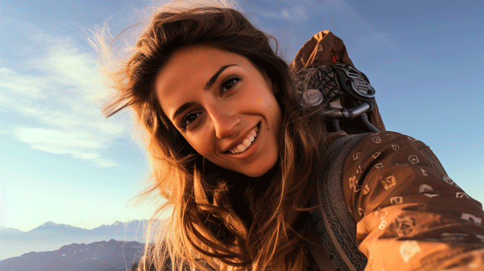 Chica senderista haciendo una selfie en la  cima de montaña